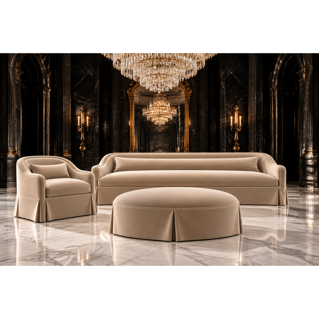 A luxury beige upholstered furniture set consisting of a three-seat sofa, a matching armchair, and a round ottoman, arranged in a grand, elegant room with marble floors and a large crystal chandelier.