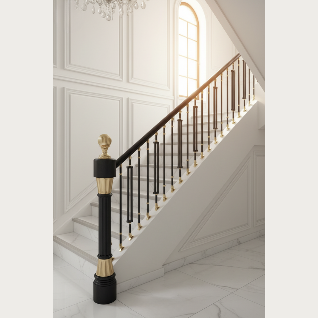 A grand staircase with white marble steps, white paneled walls, black metal balusters, and a black handrail featuring ornate gold-toned accents and a decorative finial.