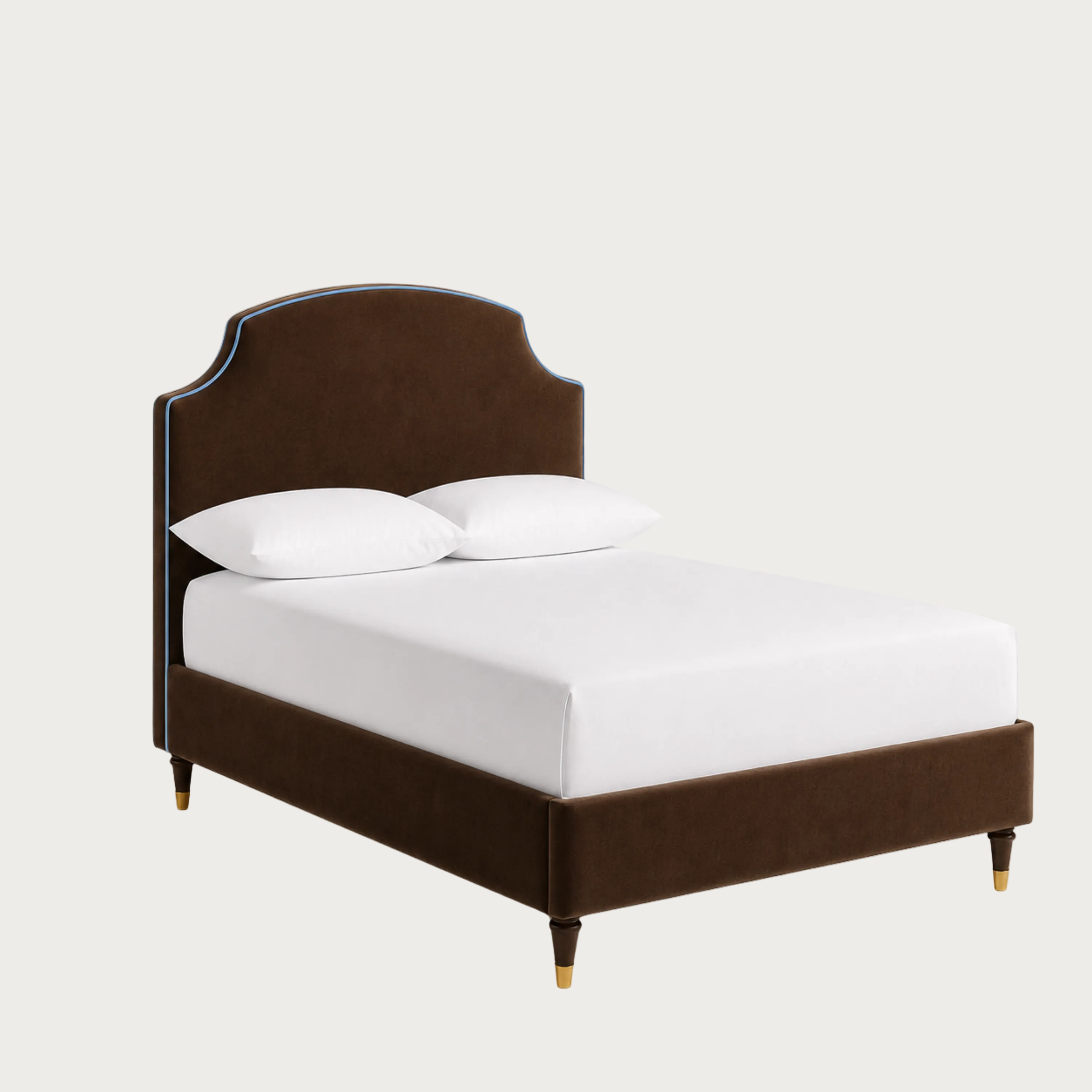 A single bed with a dark brown upholstered frame and headboard, shown with a white mattress and two white pillows.