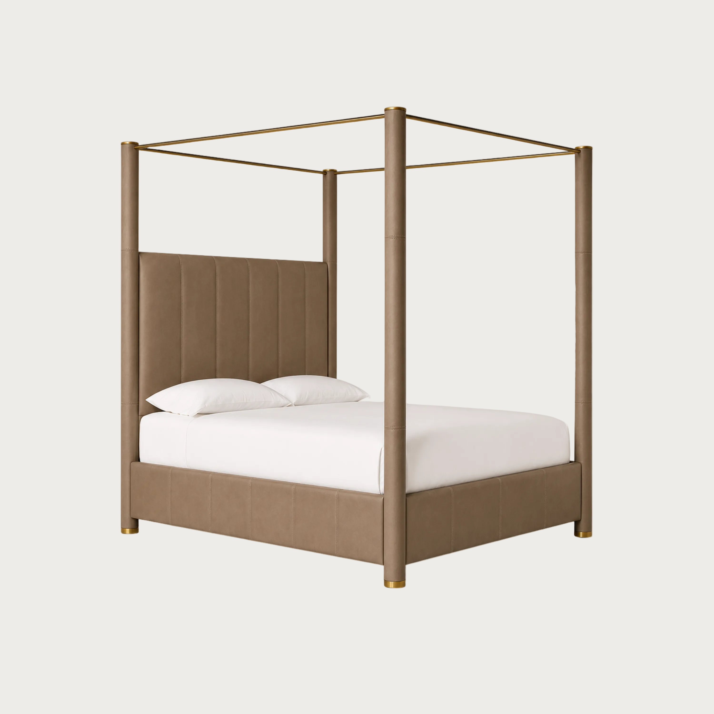 A modern four-poster canopy bed with a tufted upholstered headboard and matching upholstered footboard in a warm taupe-brown, supported by slim brass-finished metal posts, shown with white bedding on a light gray background.