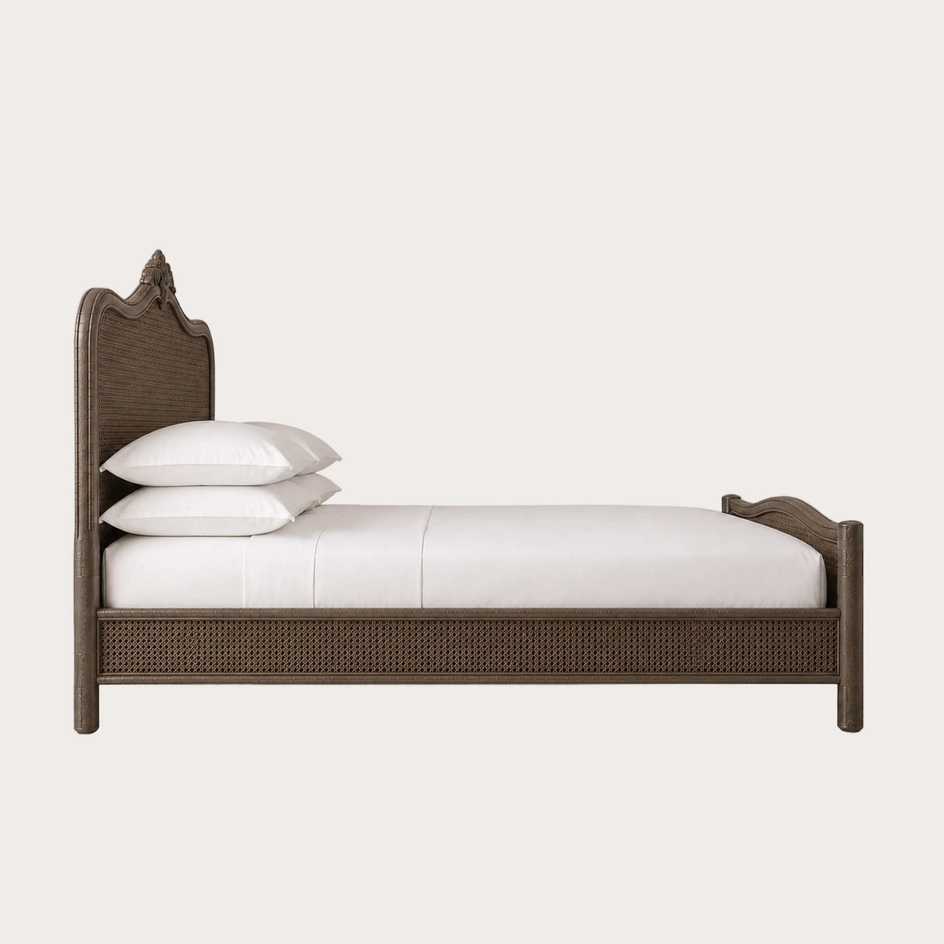 A single bed with a dark brown woven rattan frame, featuring a tall decorative headboard and footboard, dressed with white bedding and two white pillows, set against a solid light gray background.