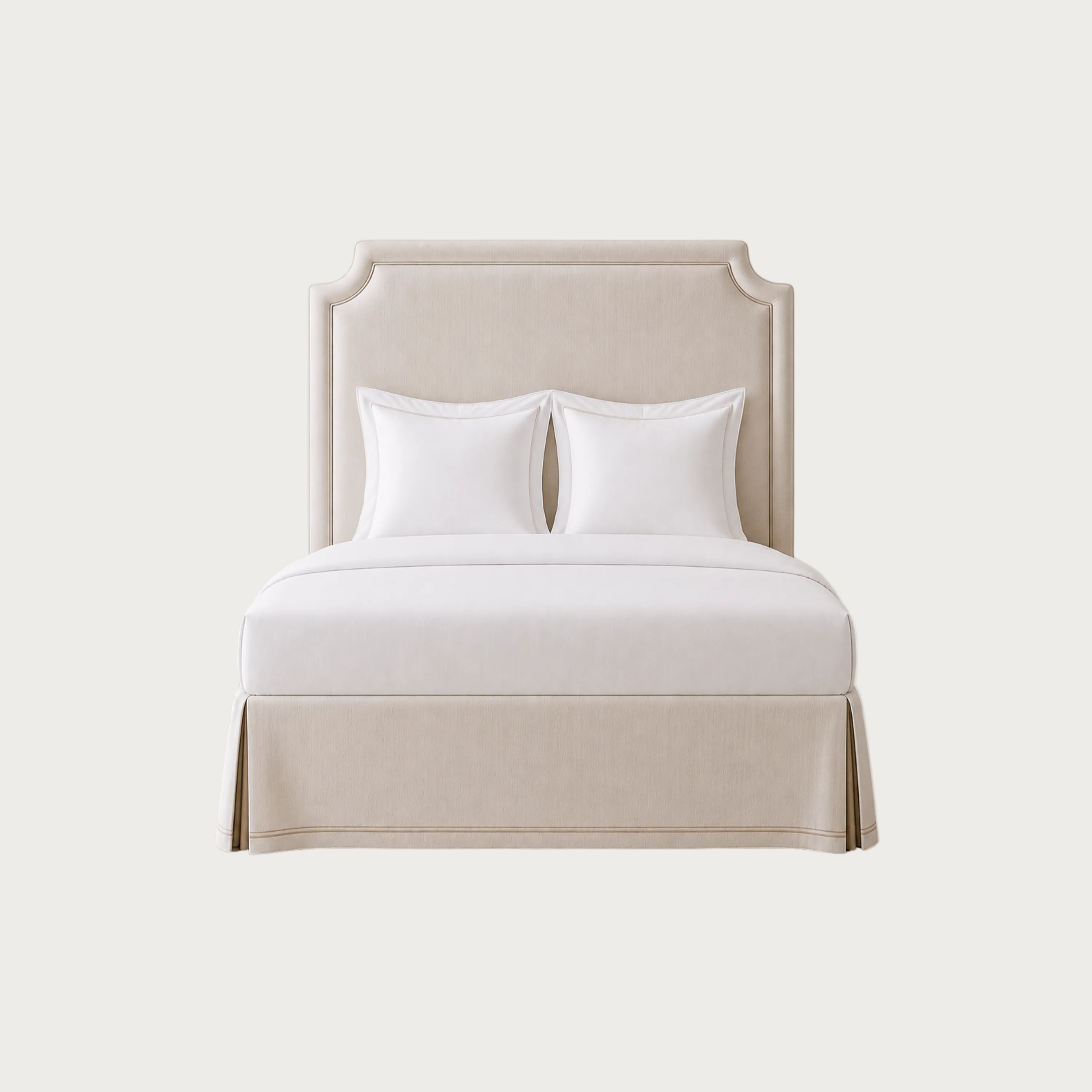 A tall upholstered headboard in a light warm beige fabric. House of Ellory custom-made.