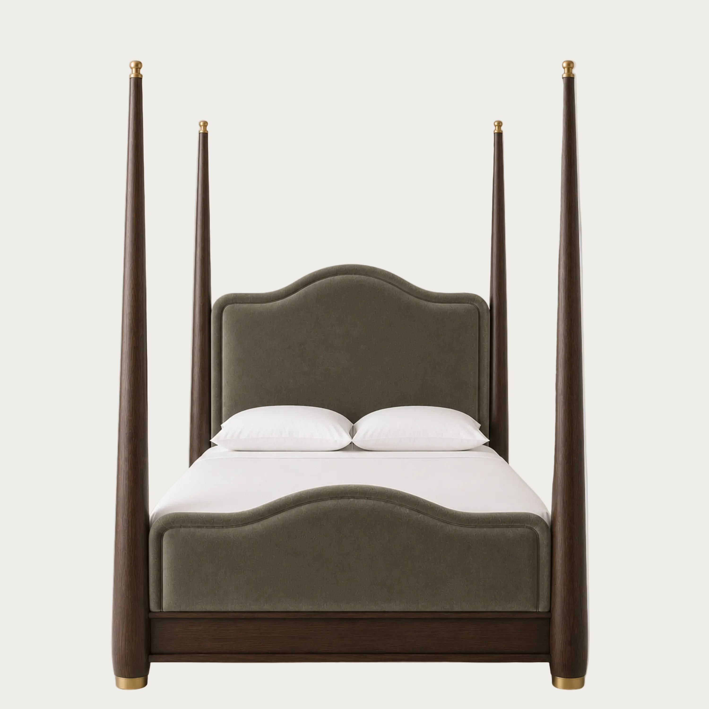 A four-poster bed with a dark brown wood frame and tall posts, featuring an olive green upholstered headboard and footboard, styled with white bedding and pillows against a light gray background.