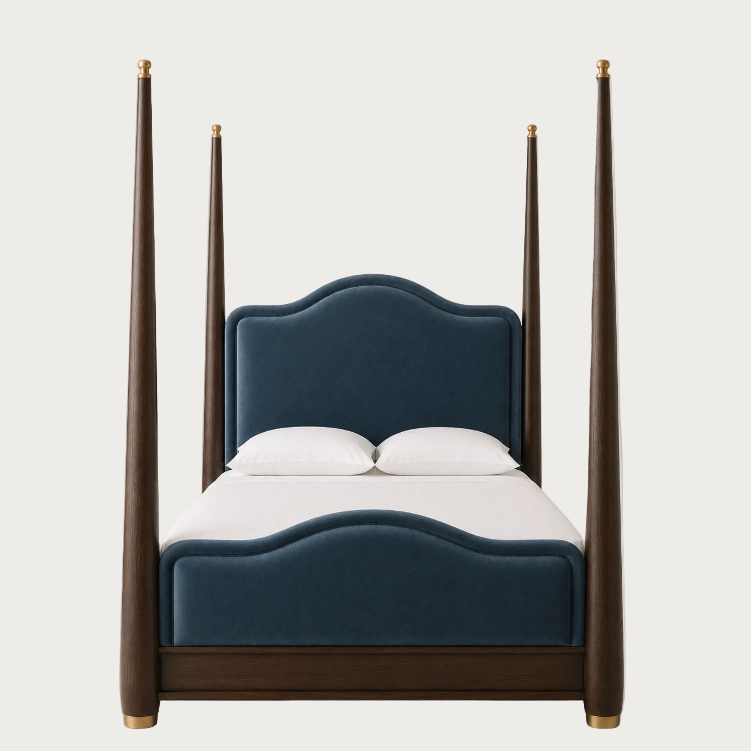 A four-poster bed with a dark blue velvet upholstered headboard and footboard, dark brown wooden posts and frame, and gold-toned metal caps, shown with white bedding on a light gray background.