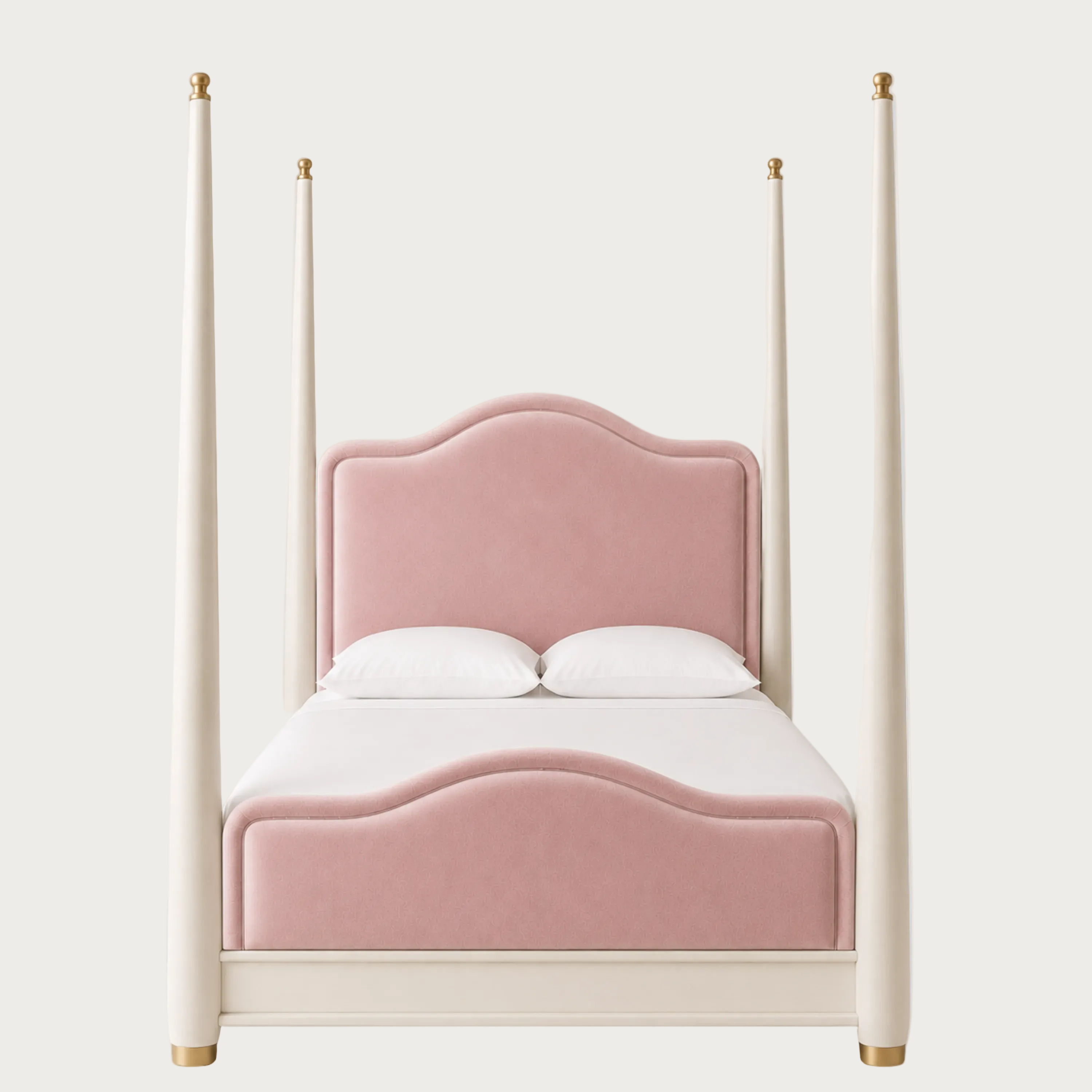 A four-poster bed with a dusty pink upholstered headboard and footboard, cream-colored posts and frame, and gold finials.
