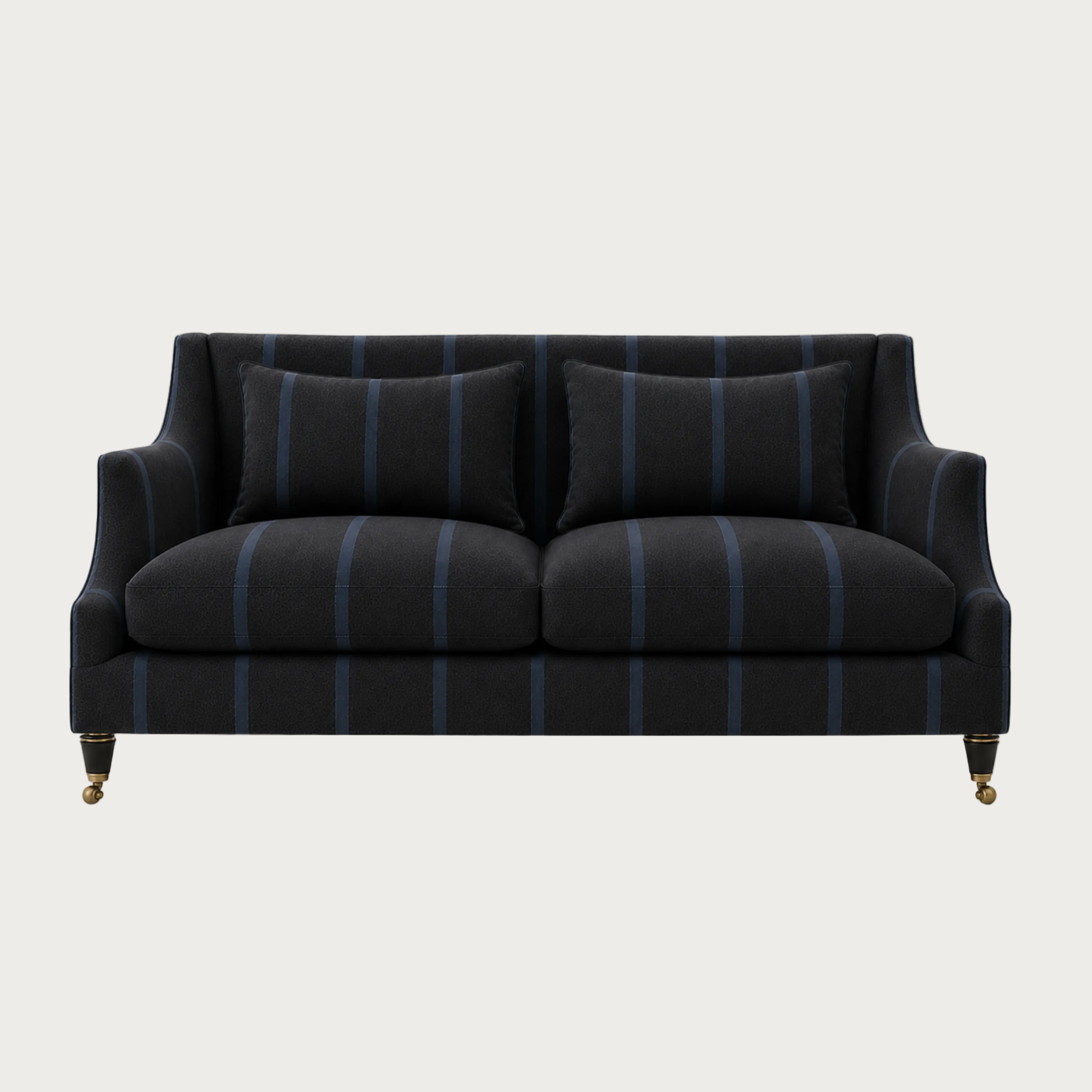 House of Ellory Clarington Sofa upholstered in charcoal grey pinstripe fabric with blue stripes, tailored cushions and traditional caster legs.