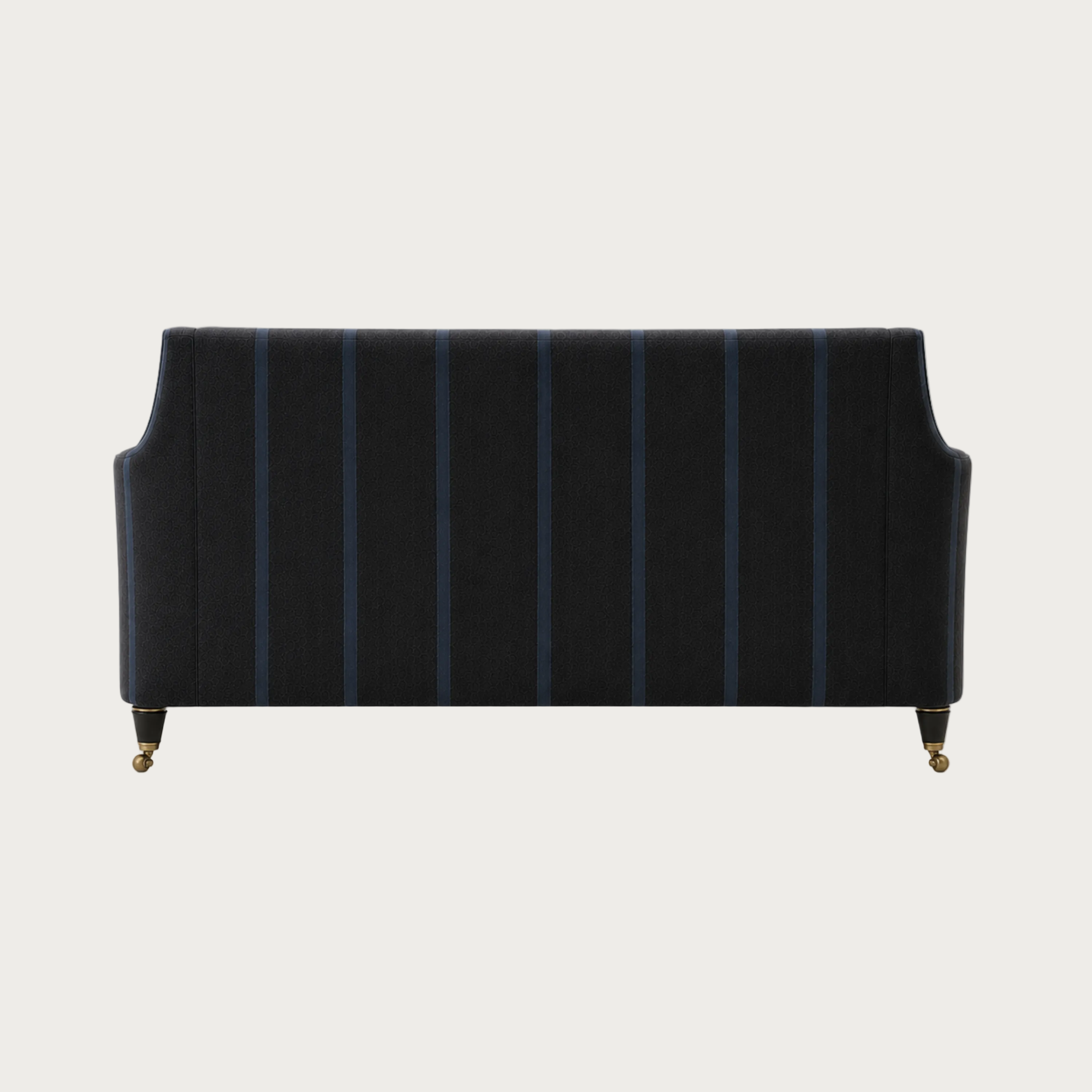 A dark upholstered bench or sofa backrest with vertical navy blue stripes on a black fabric, shown against a light gray background.