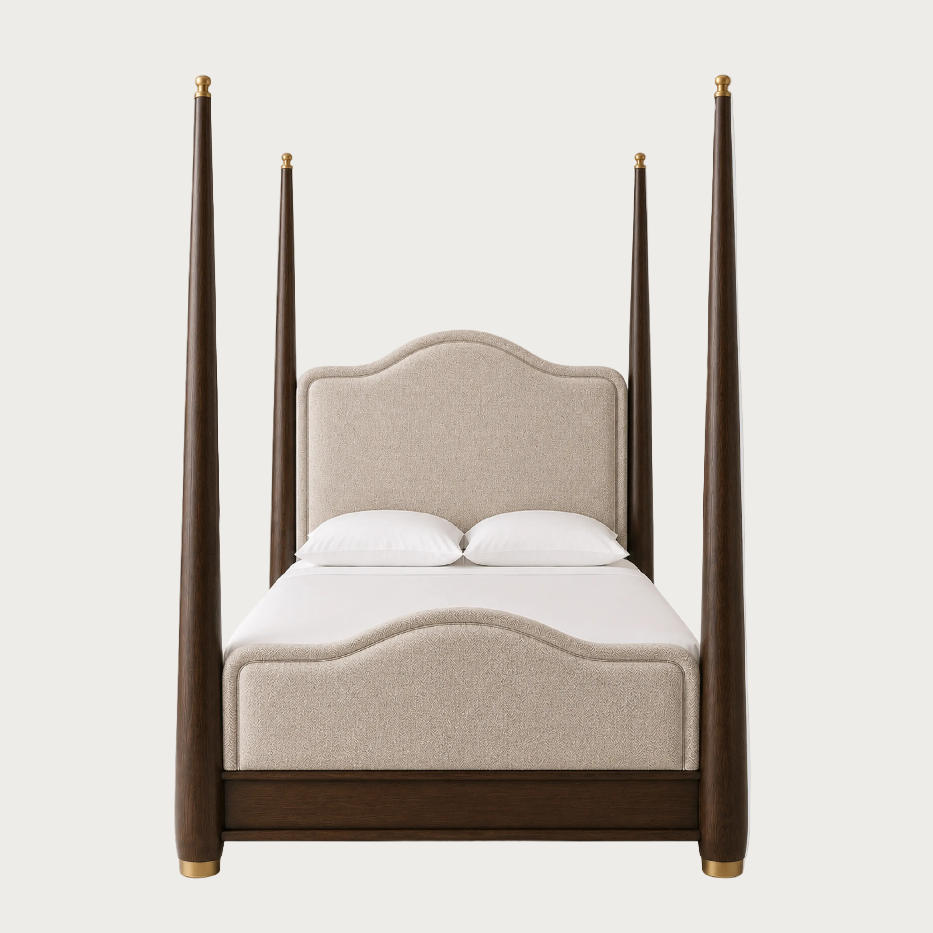 A four-poster bed with a dark brown wooden frame, upholstered beige headboard and footboard, and white bedding, shown against a solid light gray background.