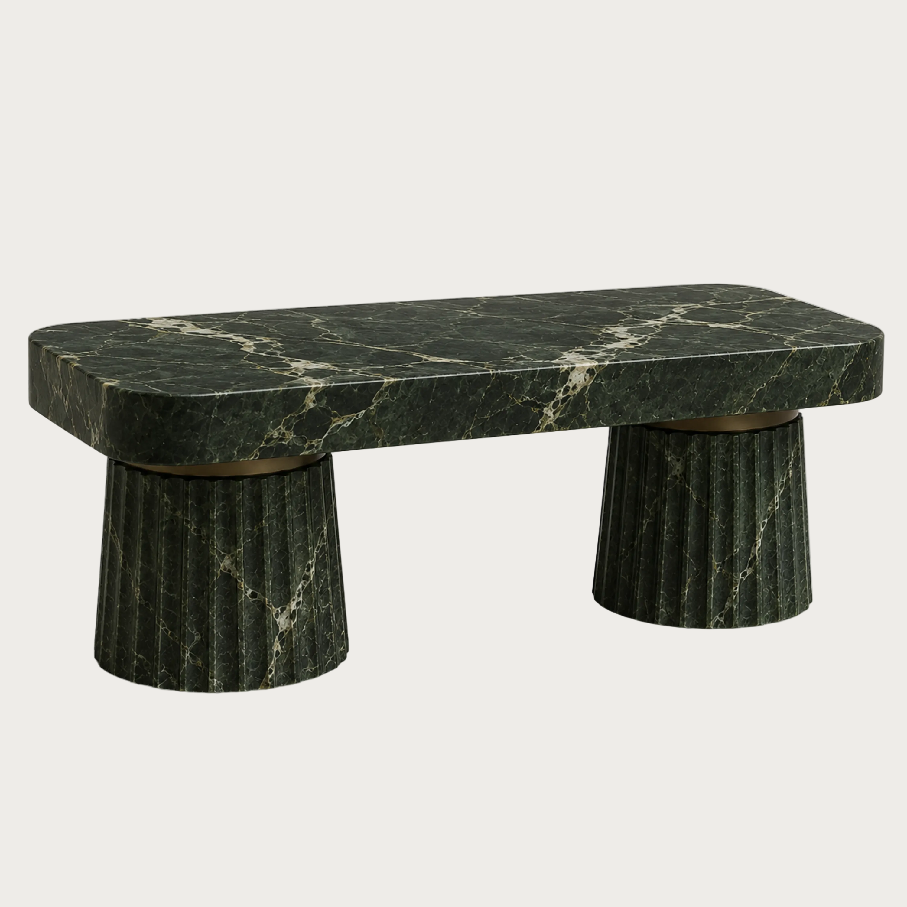 A modern kitchen island made of dark green marble with natural veining, featuring a rectangular top and two fluted cylindrical pedestal bases.