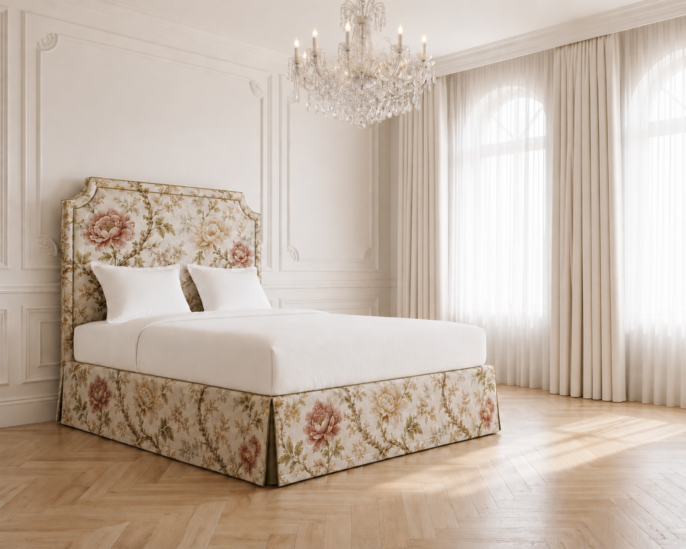A bed with a floral upholstered headboard and skirt, dressed in white bedding, positioned in a bright, elegant bedroom with cream walls, a crystal chandelier, and sheer curtains.