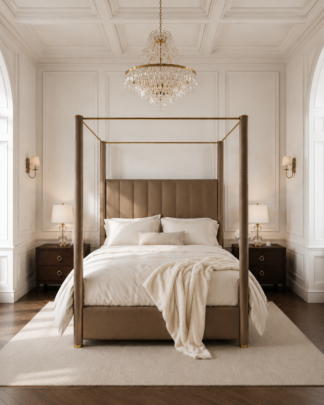 A luxury four-poster canopy bed with a tufted upholstered headboard and matching footboard, styled in a bright, elegant bedroom with a crystal chandelier, bedside tables, and white bedding.