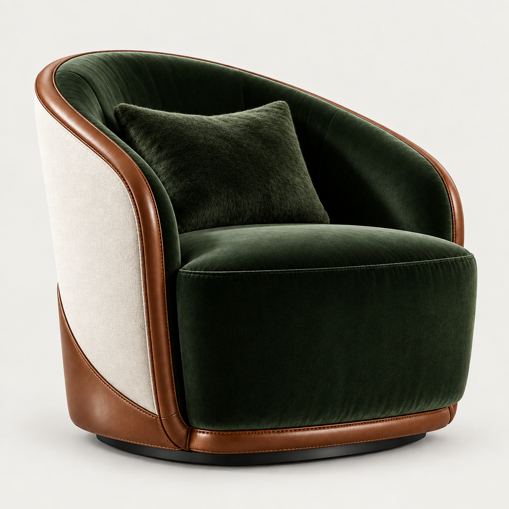 Chair with low-pile fur pillow and clean upholstery textures