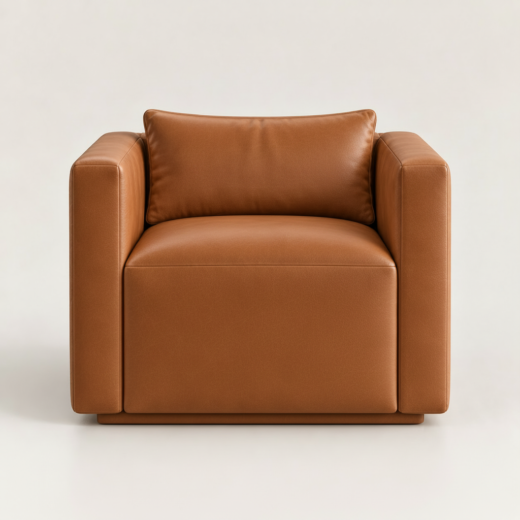 Cognac leather cube chair with the scale texture removed and smooth genuine leather grain