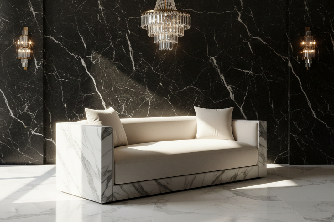Dramatic three-quarter editorial of the marble sofa against black marble