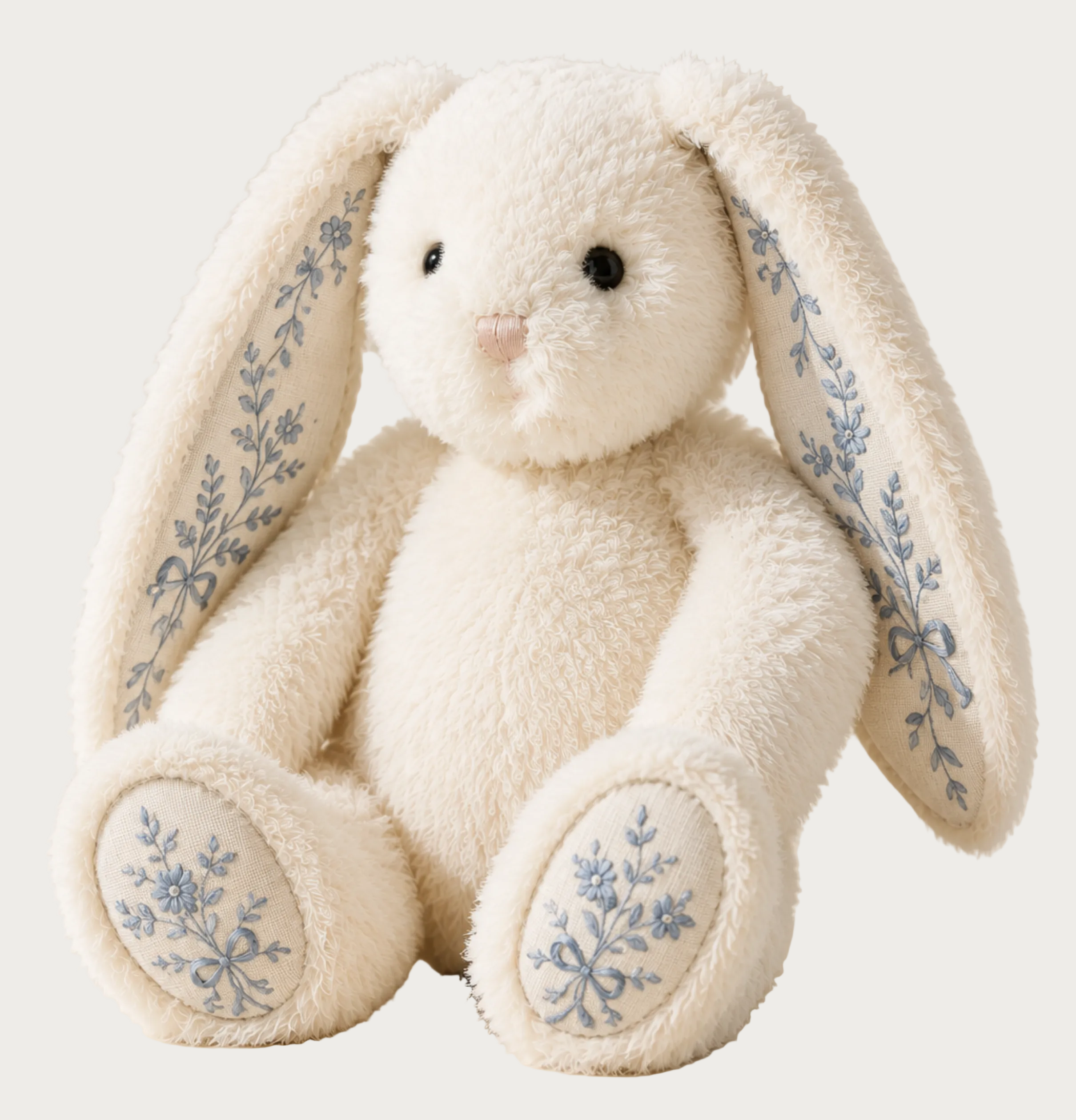 A cream-colored plush bunny toy with long floppy ears and blue embroidered floral patterns on the inside of the ears and on the soles of the feet, photographed against a warm beige studio background.