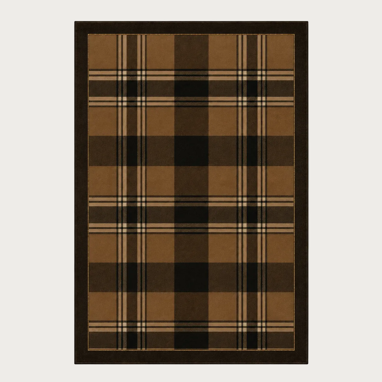 A rectangular area rug with a classic plaid pattern in shades of brown, tan, black, and beige, finished with a solid dark brown border, shown against a neutral light gray background.