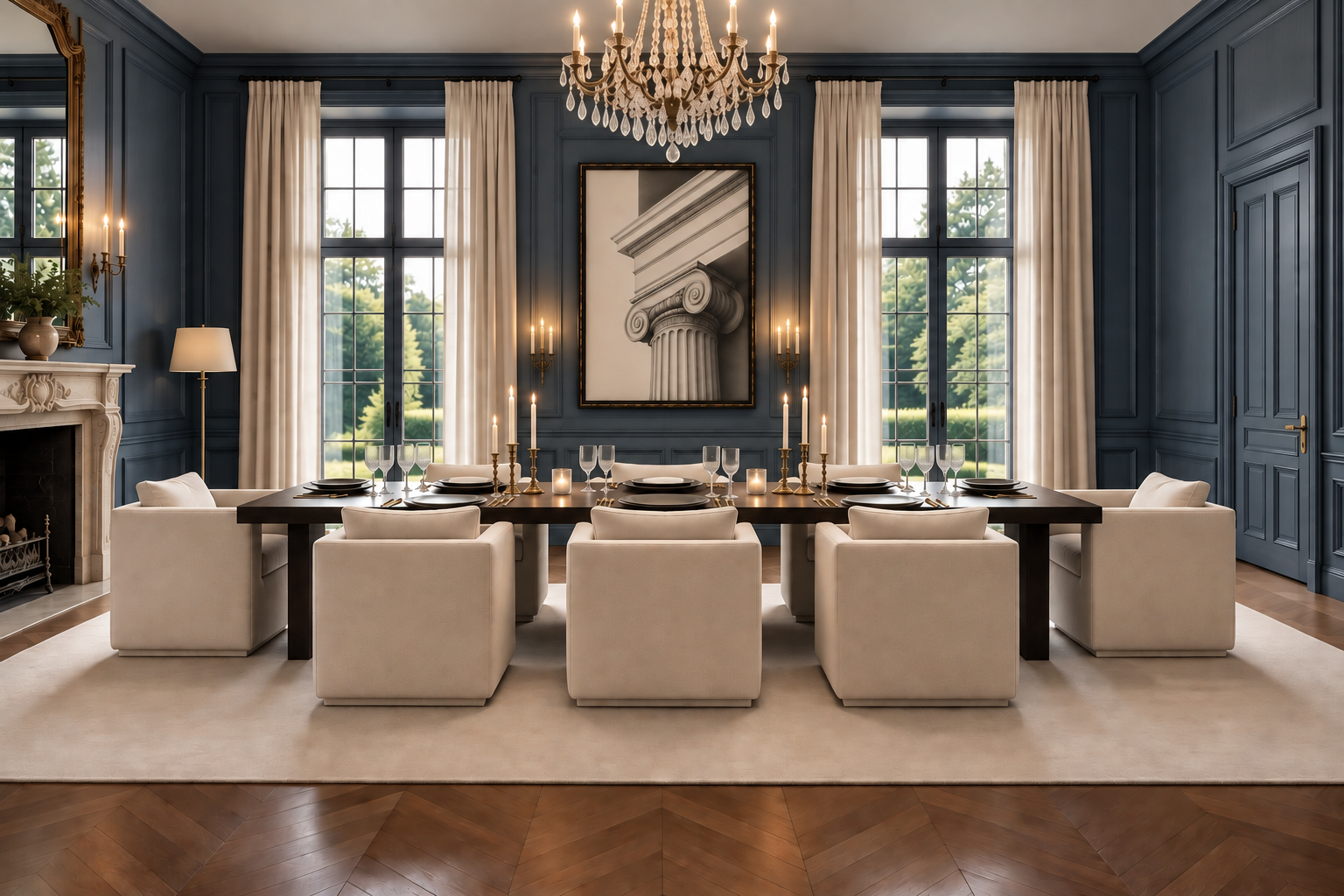 A luxury dining room featuring a dark wood rectangular table surrounded by six cream-colored upholstered armchairs, set on a large beige area rug. The room has dark blue paneled walls, tall windows with cream drapes, a crystal chandelier, and a large black and white classical column artwork hanging on the wall.