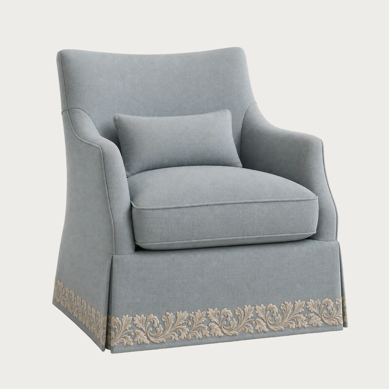 A light blue upholstered accent chair with a matching back cushion and a decorative beige floral border on the skirt, shown against a plain cream background.