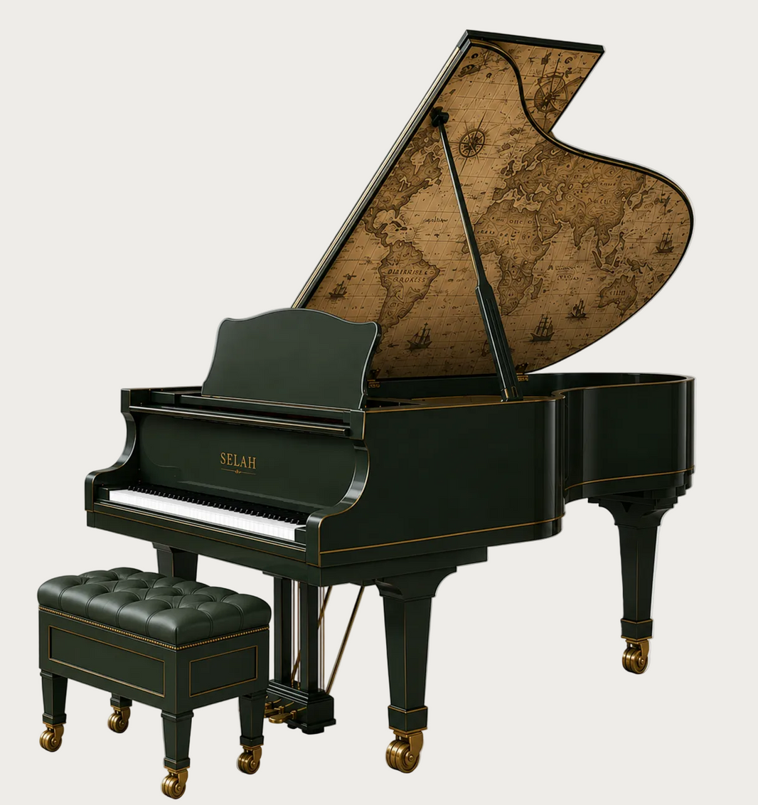A grand piano with an open lid showing a vintage-style map interior, finished in dark green with gold trim and gold caster wheels. A matching green tufted bench with gold caster wheels sits in front.