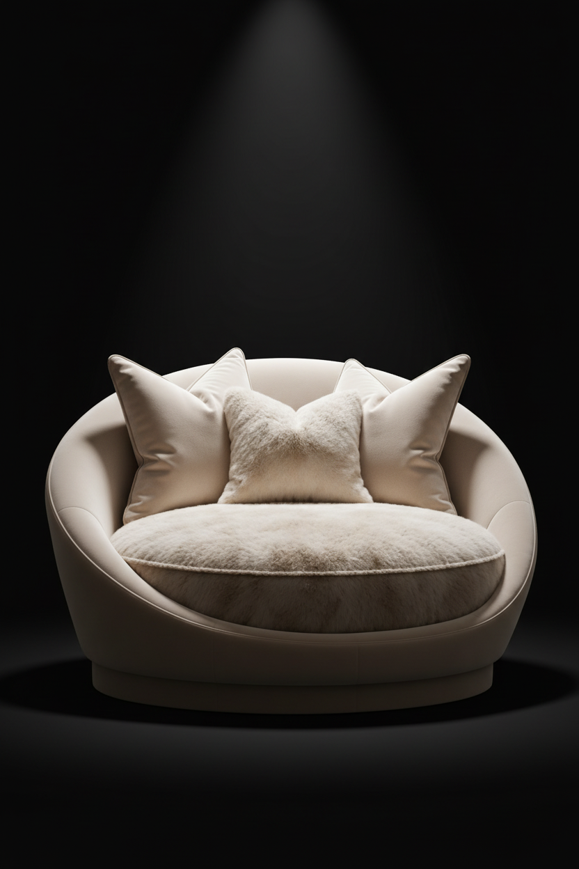 Ivory sofa under a dramatic spotlight