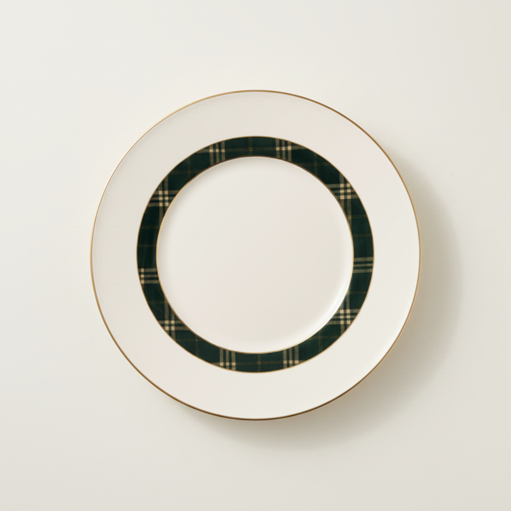 Ivory Tartan Plate on #EEECE8 Background