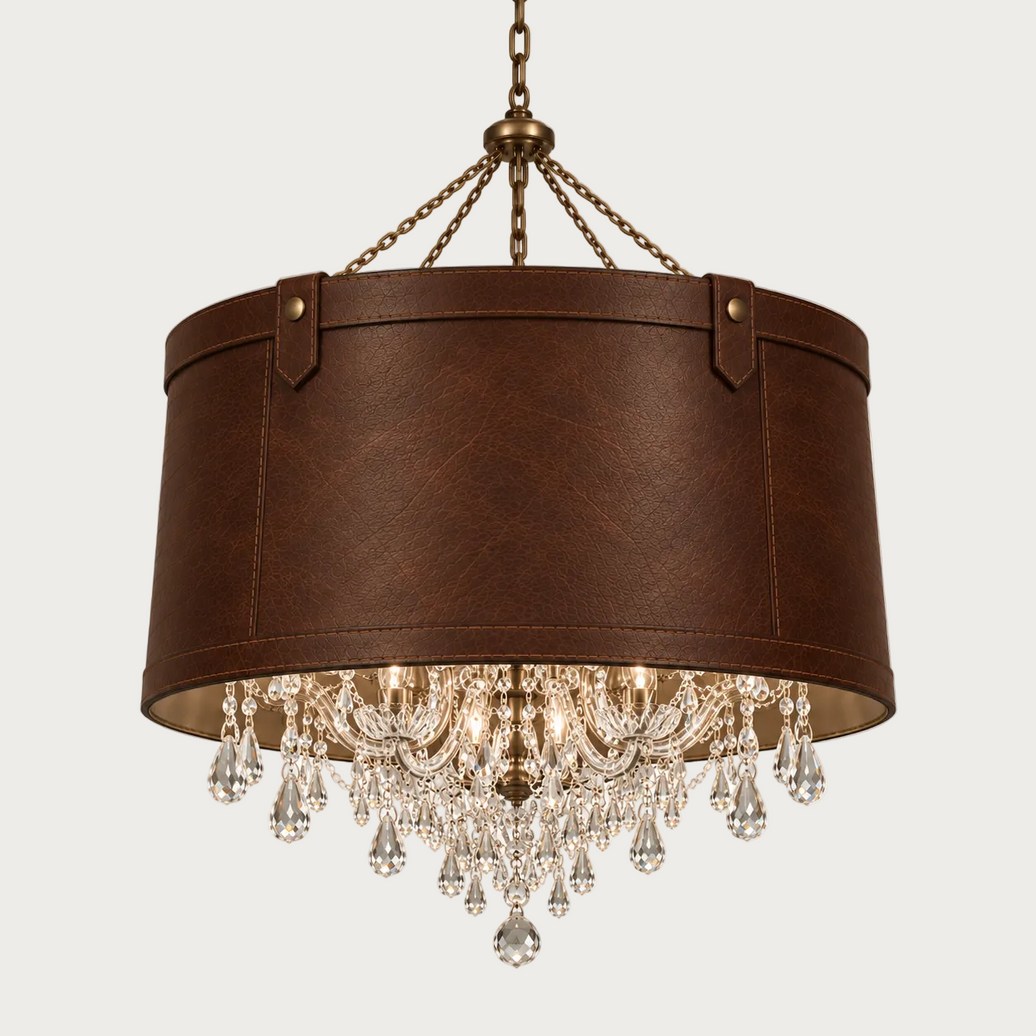 A brown genuine-leather drum pendant chandelier shade with brass-toned hardware and cascading clear crystal droplets.