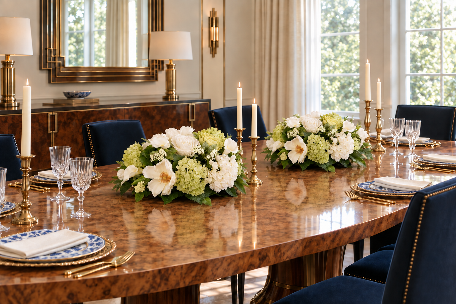 Luxury dining table with two candles between the smaller floral centerpieces