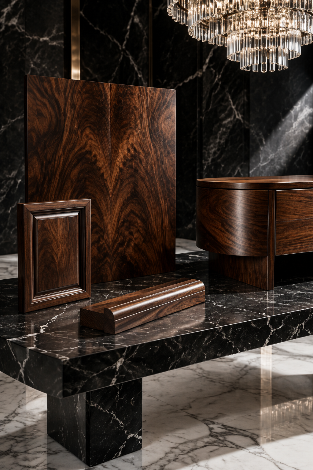 Figured walnut timber and bespoke material finishes by House of Ellory
