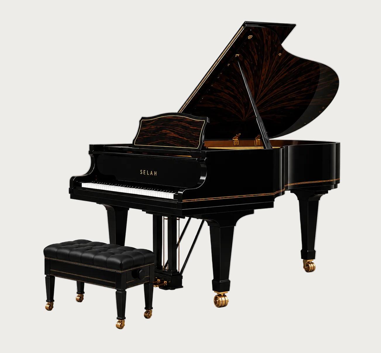 A black grand piano with an open lid that has exotic wood trim, gold-toned wheels, and a matching black upholstered bench with gold trim. The brand name SELAH is visible on the front of the piano.