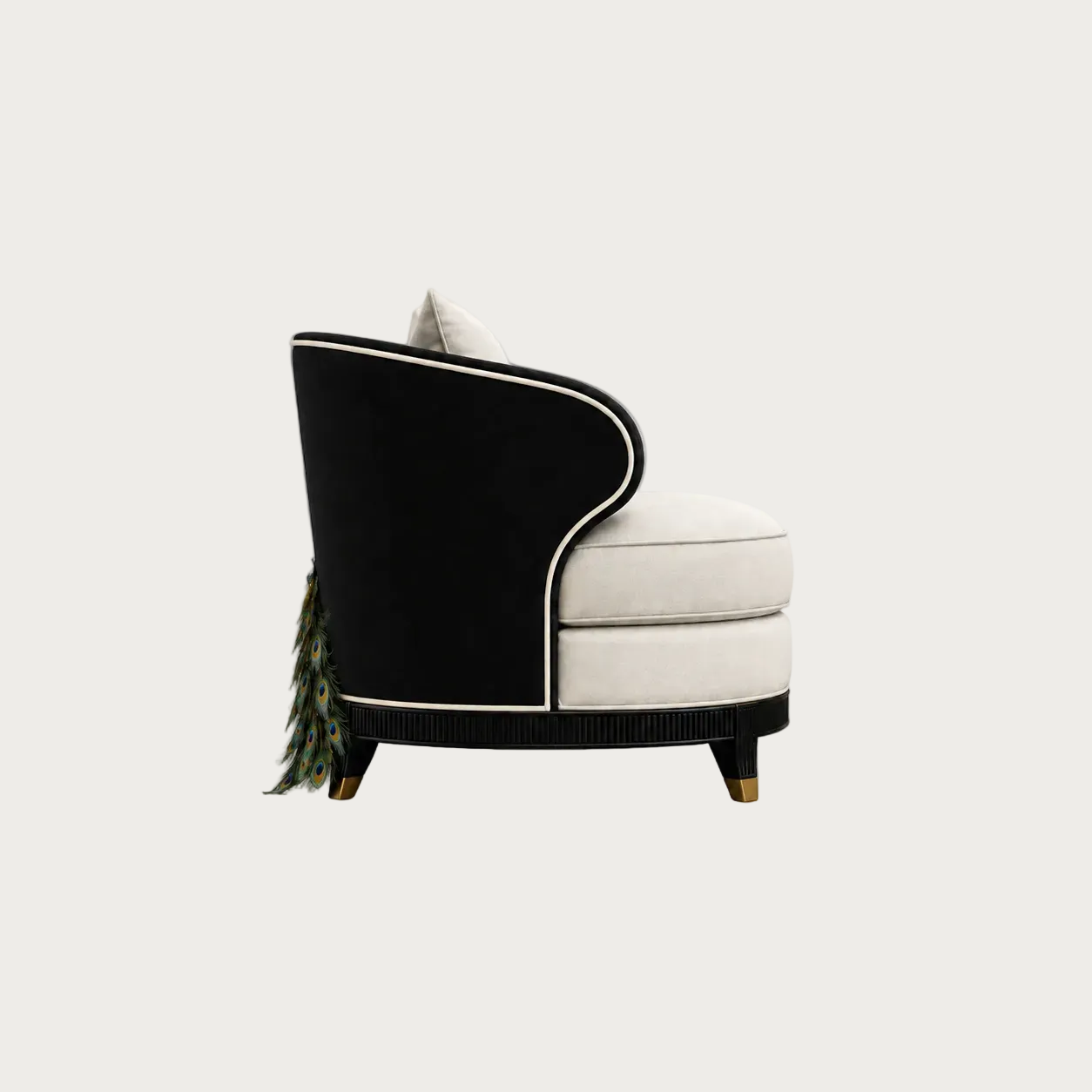 A modern accent chair featuring a black velvet backrest with white piping, a cream upholstered seat cushion, and a decorative peacock feather accent hanging from the left side, shown against a light gray background.