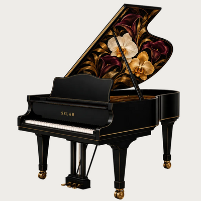 Piano with minimal black and brass trim