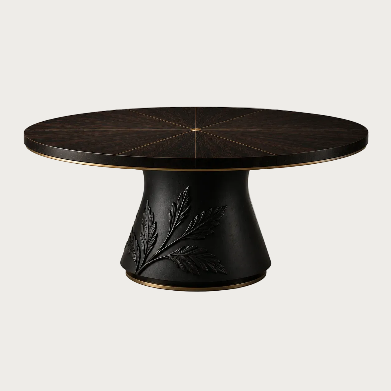 Rothwell Dining Table by House of Ellory with radial smoked eucalyptus marquetry top, aged-brass inlay and sculptural ebonized botanical pedestal.