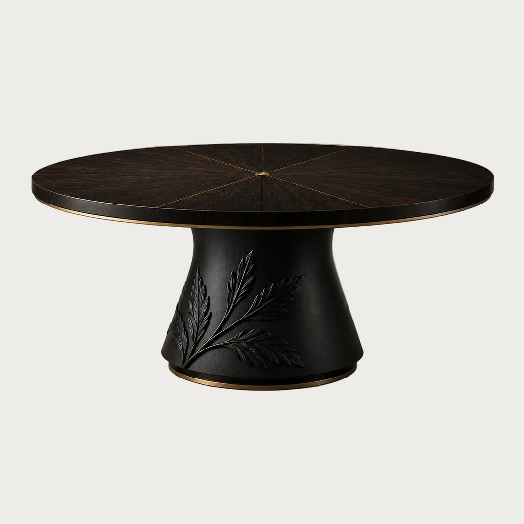 Rothwell Dining Table by House of Ellory with radial smoked eucalyptus marquetry top, aged-brass inlay and sculptural ebonized botanical pedestal.