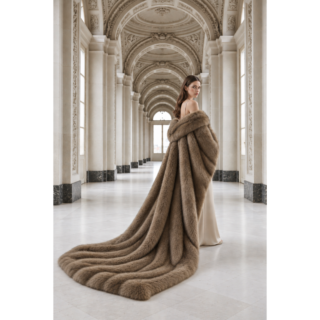 A woman in a beige gown stands in a grand classical hall draped in a voluminous taupe-brown fur coat with a long flowing train.