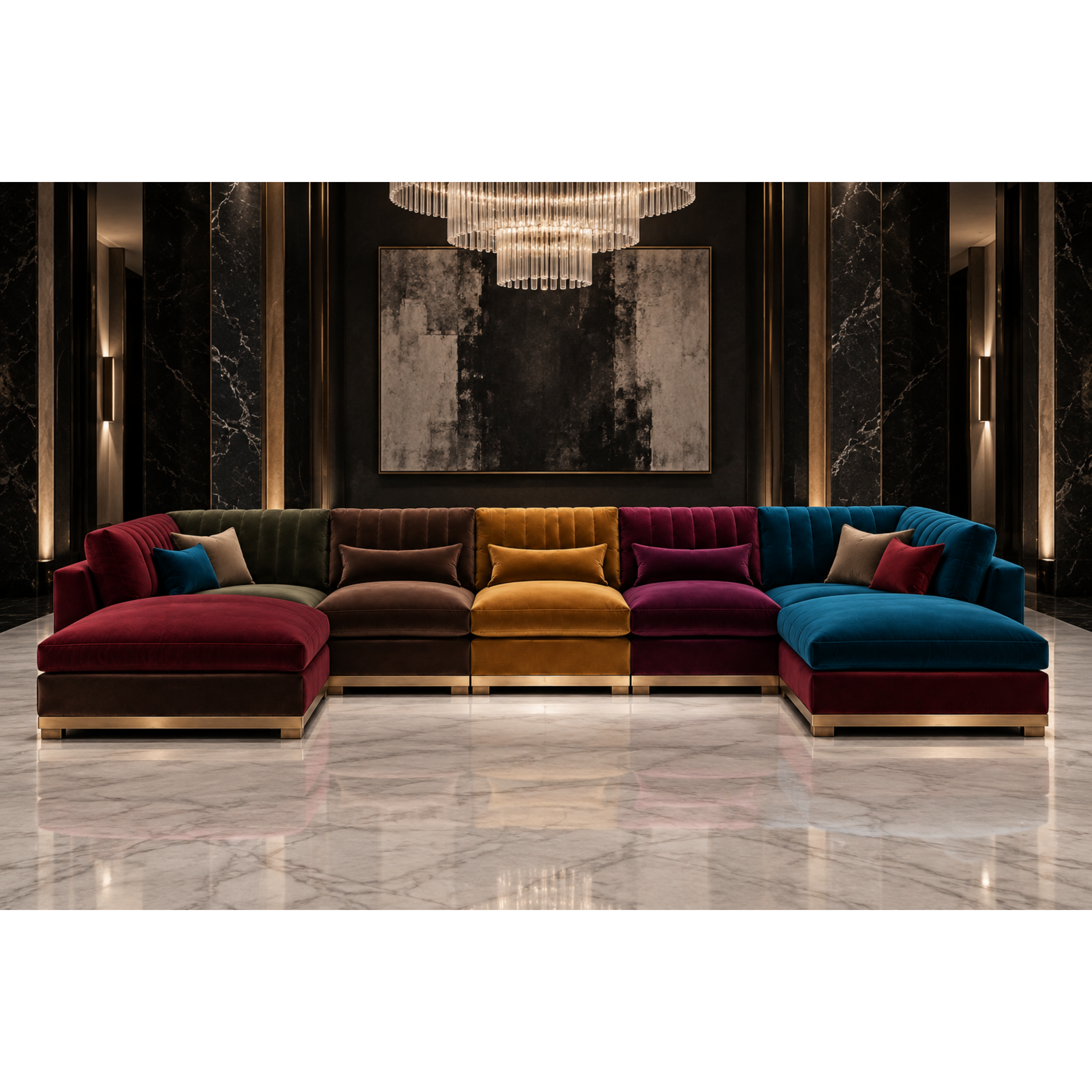 A luxury U-shaped sectional sofa upholstered in multiple rich velvet colors including burgundy, brown, mustard, magenta, and teal, with gold-toned metal bases, set in a high-end modern living room with a chandelier and marble floors.