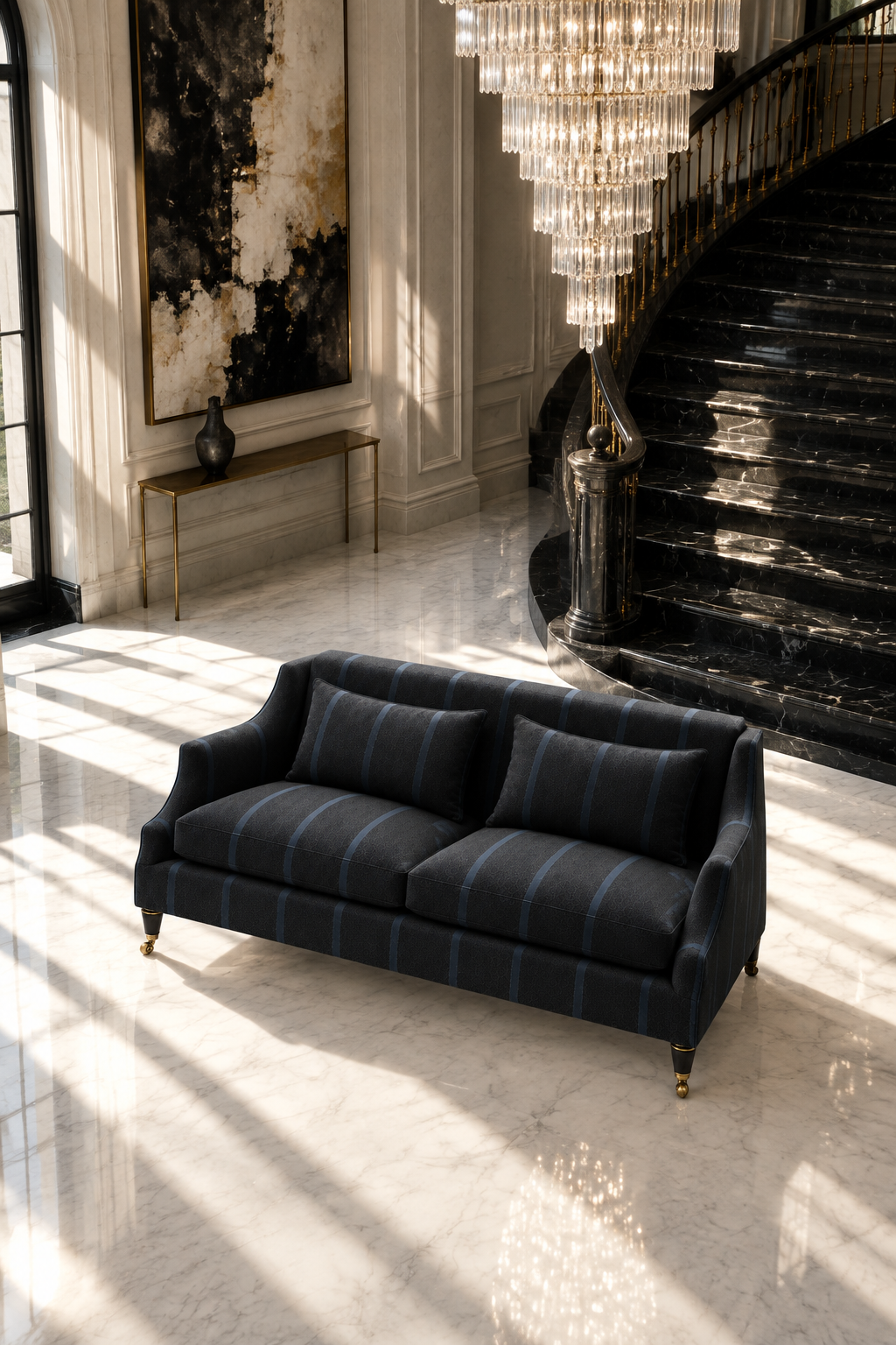 Sofa at the foot of a sweeping black marble staircase