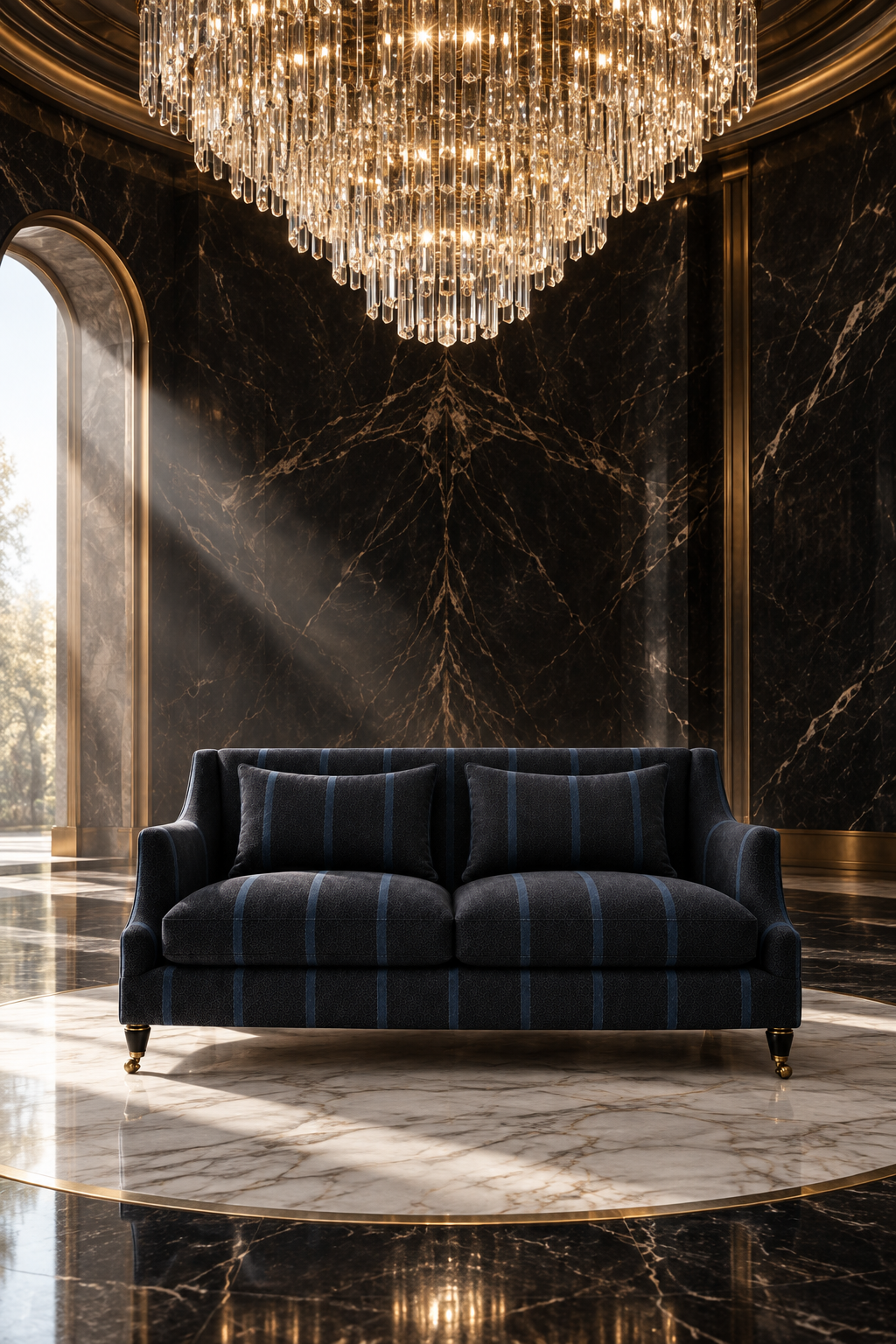 Sofa in a soaring black marble rotunda