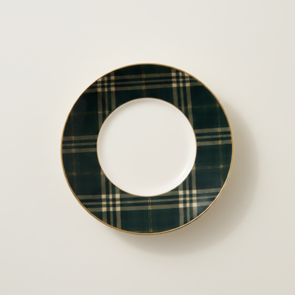 Tartan Saucer on #EEECE8 Background