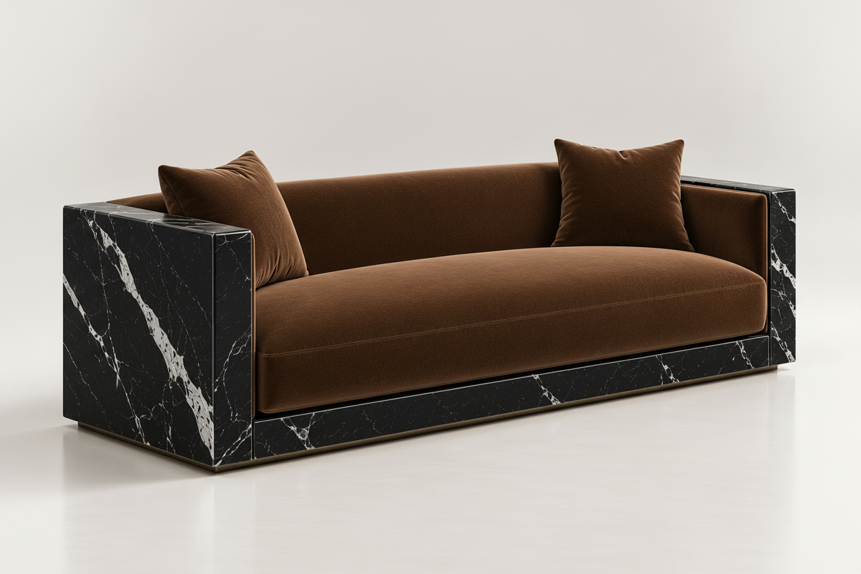 Three-quarter view of the chocolate sofa with refined black marble and smooth velvet