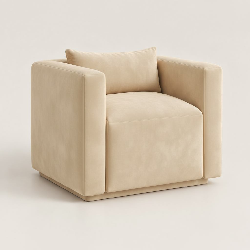 Three-quarter view of the cream cube dining chair with smooth ivory velvet and no scale texture