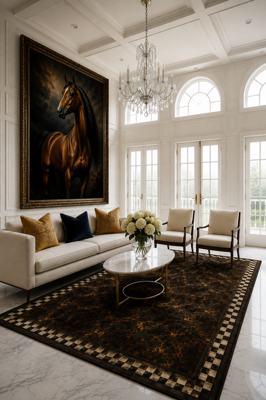 A luxury living room featuring a massive framed canvas painting of a brown horse on the wall above a cream sofa. The room is styled with a dark patterned area rug, a marble-top coffee table, two cream armchairs, and a crystal chandelier hanging from a coffered ceiling.